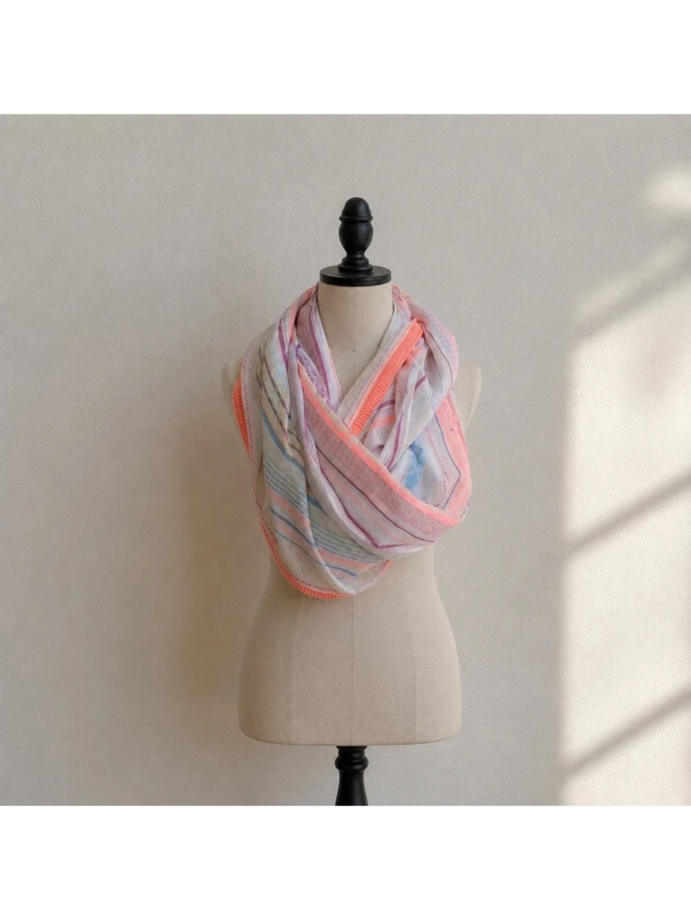 Pastel Striped Infinity Scarf Coral Trim Lightweight Loop Wrap